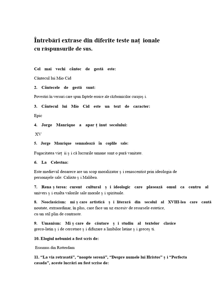 Întrebări Extrase Din Diferite Teste Naționale Cu Răspunsurile Lor | PDF