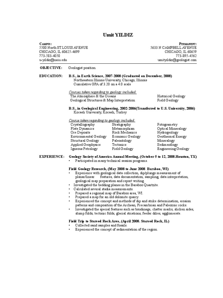 Umit Yildiz Geologist Resume | PDF | Structural Geology | Geology