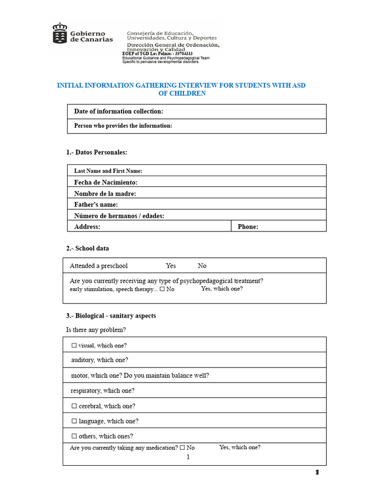 ASD Initial Information Gathering Form | PDF | Developmental Disorder ...