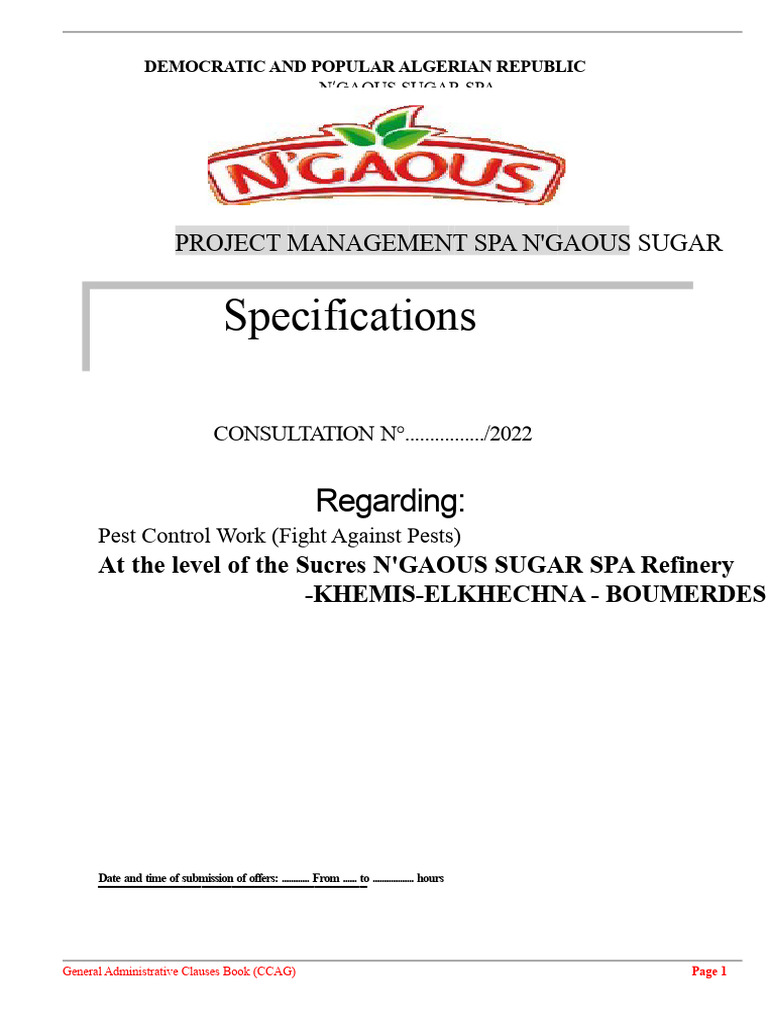 Pest Control Consultation for N'GAOUS Sugar | PDF | Specification ...