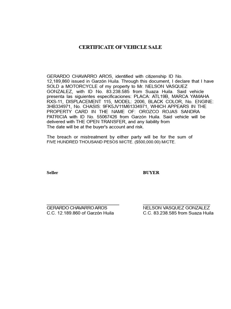 Vehicle Sale Certificate for Motorcycle | PDF