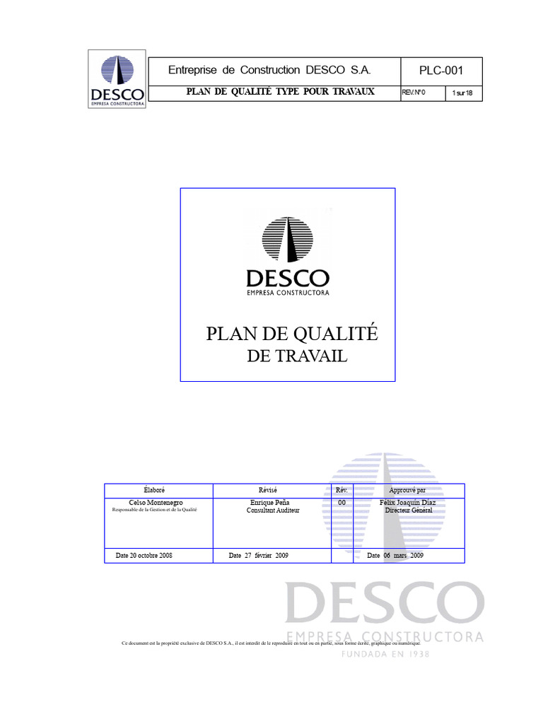Plan de Qualité pour Travaux DESCO S.A. | PDF | Management de la ...