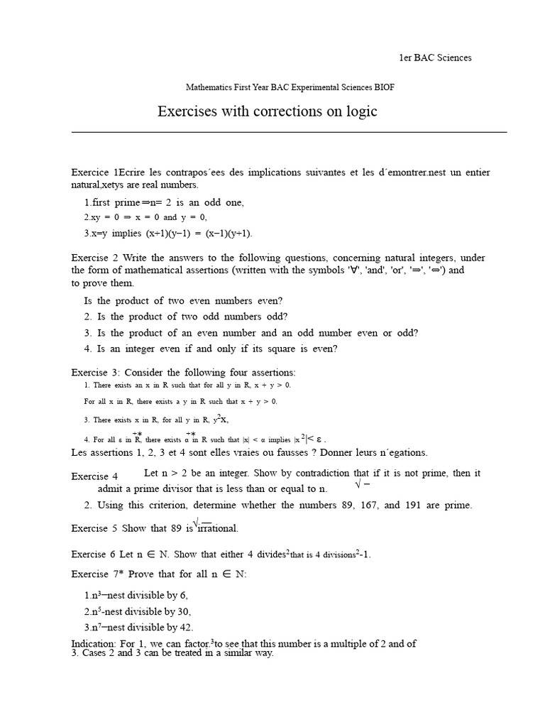 Logic Exercises and Corrections for BAC | PDF | Numbers | Square Root