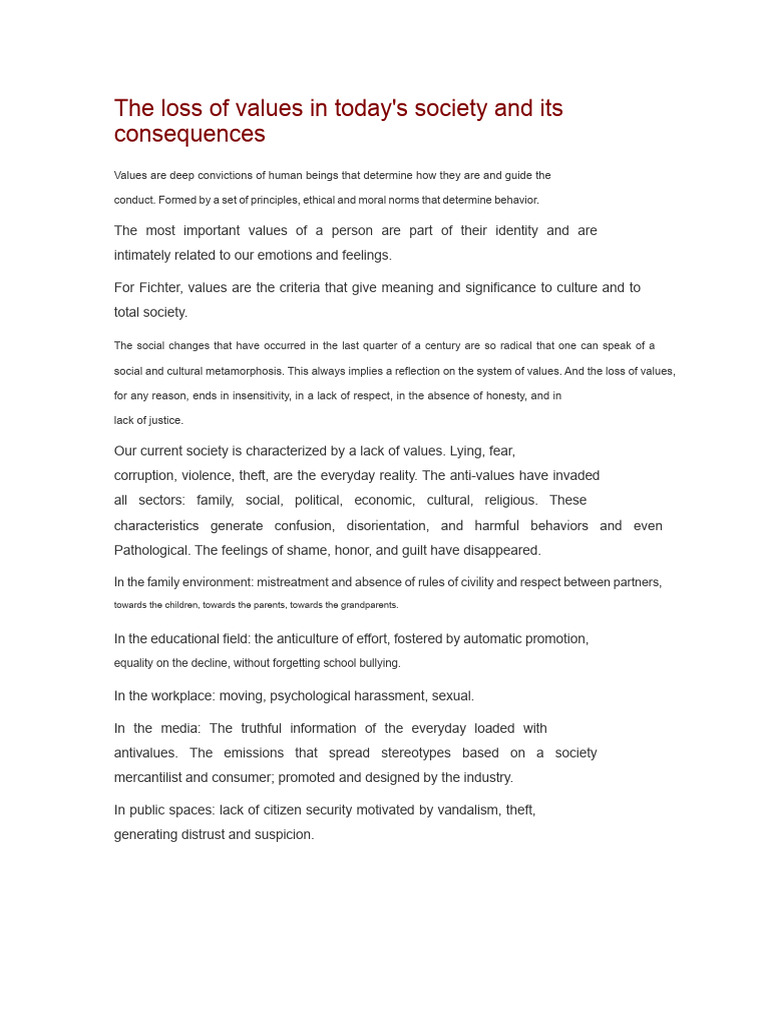The Loss of Values in Today's Society and Its Consequences | PDF ...
