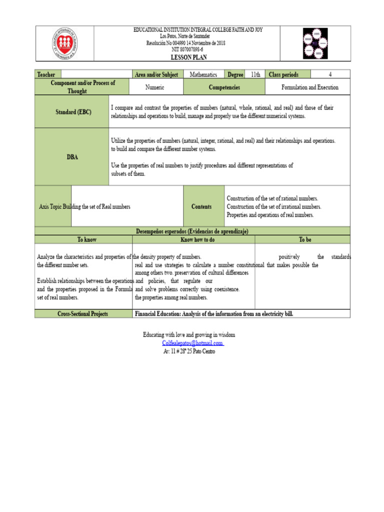11th Grade Math Lesson Plan: Real Numbers | PDF | Real Number | Numbers