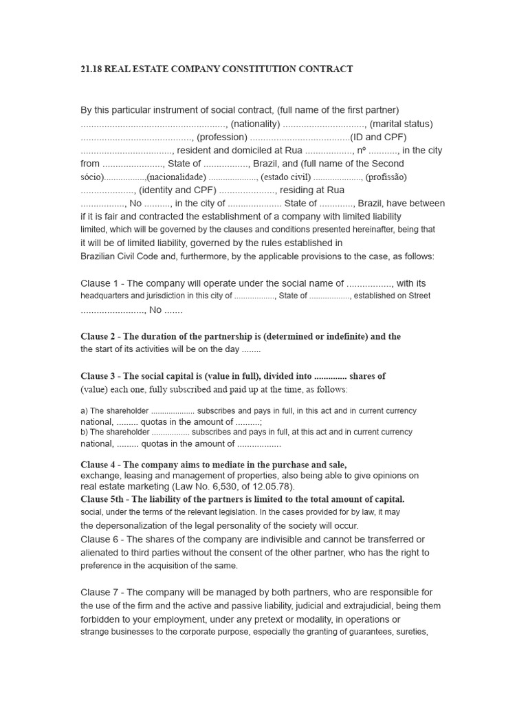 Contract For The Establishment of A Real Estate Company | PDF ...