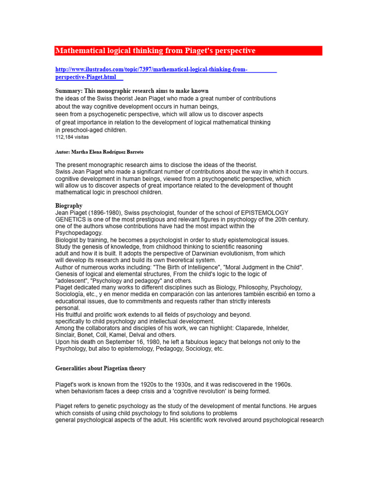 Piaget's Theory on Mathematical Thinking | PDF | Cognitive Development ...
