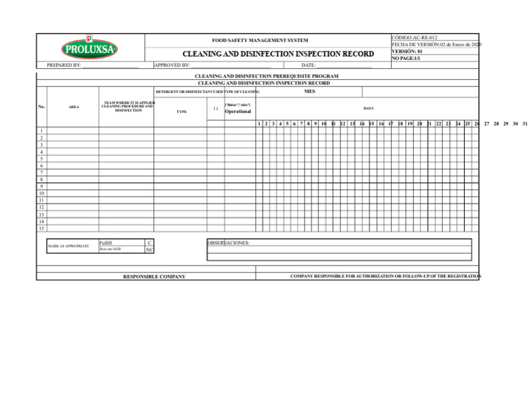 Cleaning and Disinfection Inspection Record | PDF