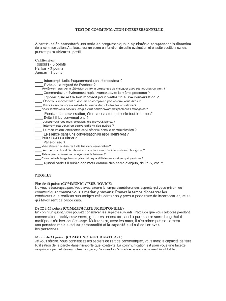 Test de Communication Interpersonnelle | PDF