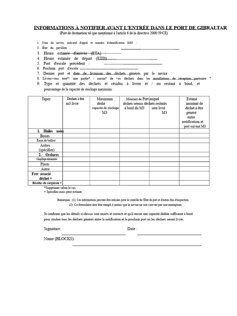 Informations pour entrer au port de Gibraltar | PDF | Port | Déchets