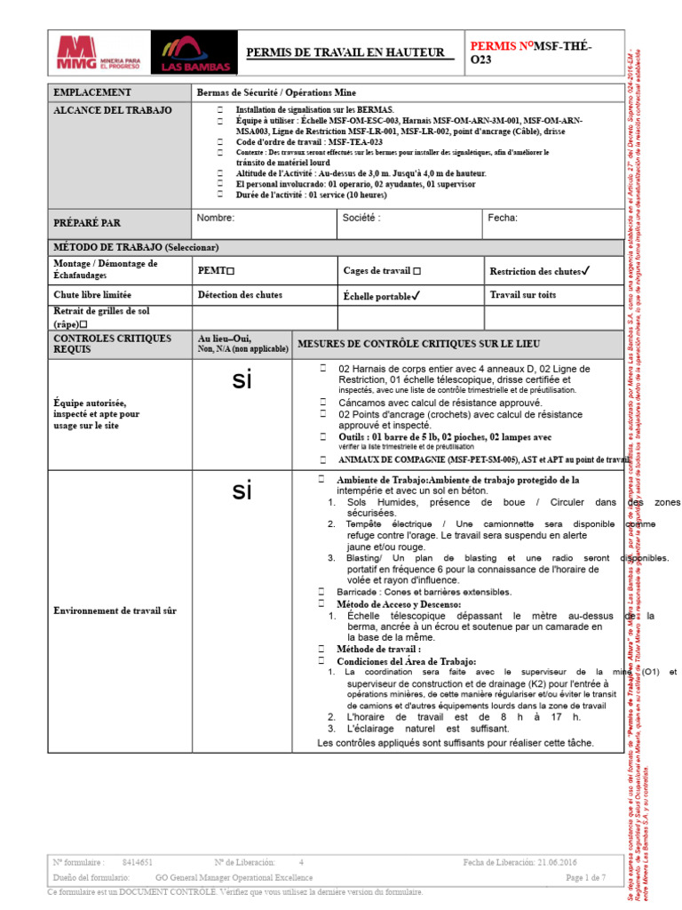 Permis de Travail en Hauteur MSF-TEA-023 | PDF | Sécurité
