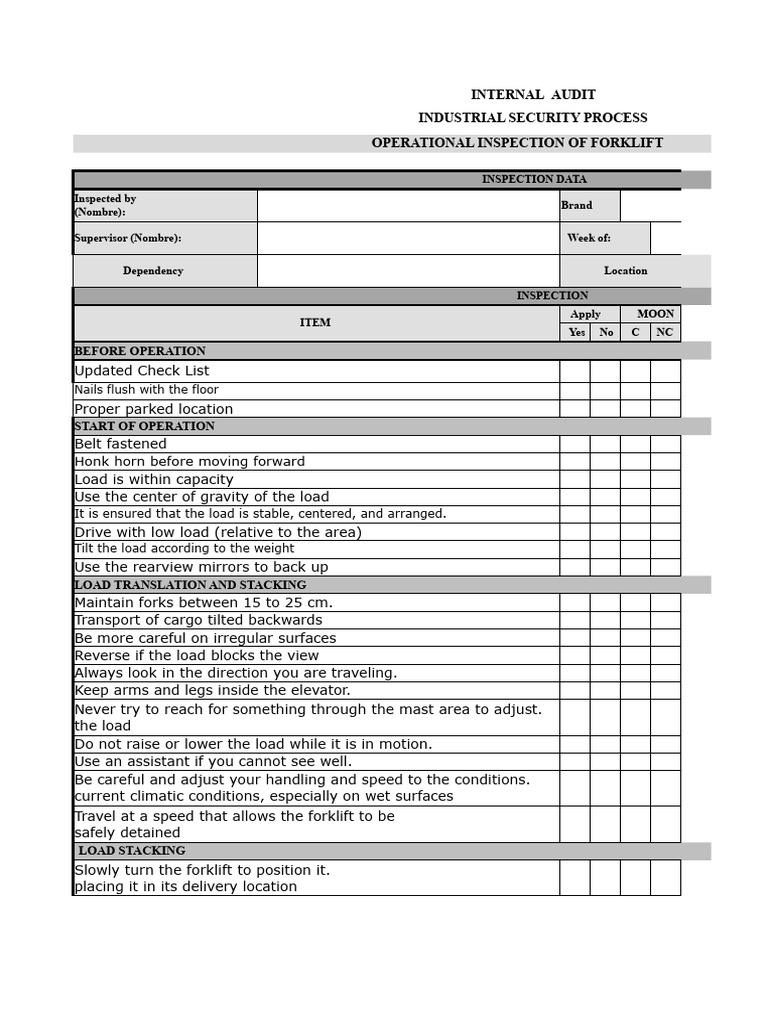 Forklift Safety Audit | PDF | Forklift | Cargo