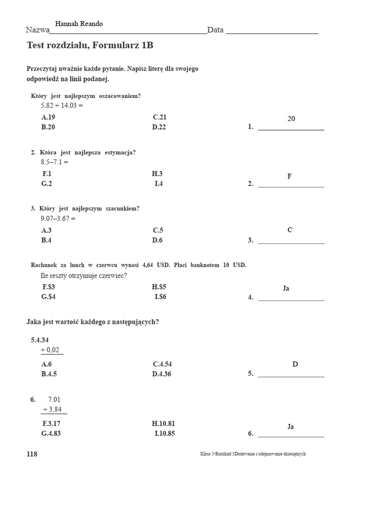 Formularz Testowy Rozdział 1B PDF | PDF