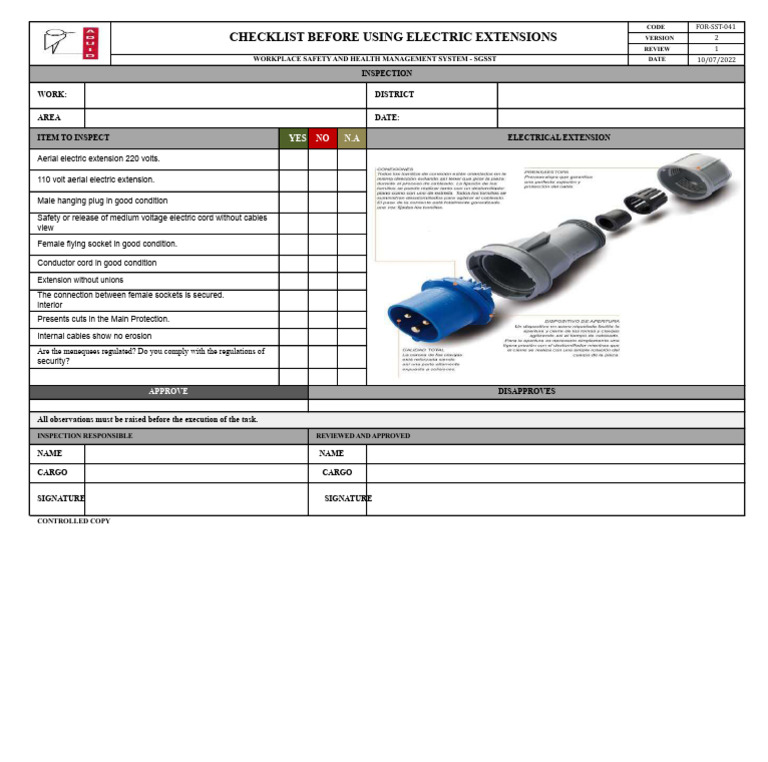 For-Sst - 041 Check List Pre Use of Electric Extensions - Efe | PDF