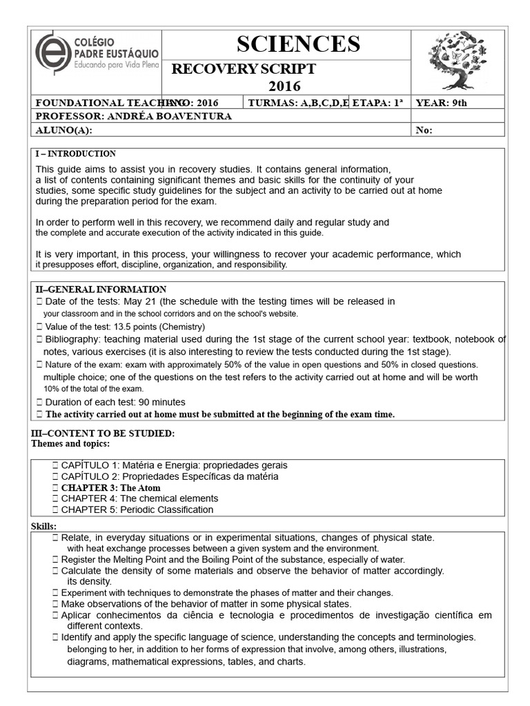 9th YEAR - SCIENCES.CHEMISTRY - RECOVERY WORK AND GUIDELINES PDF | PDF ...