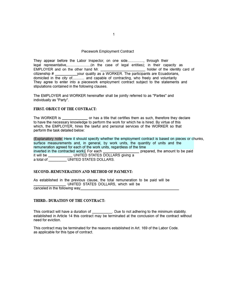 Piecework Employment Contract | PDF | Labour Law | Employment