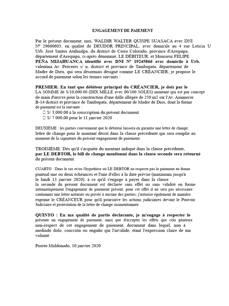 Engagement de Paiement Débiteur-Créancier | PDF