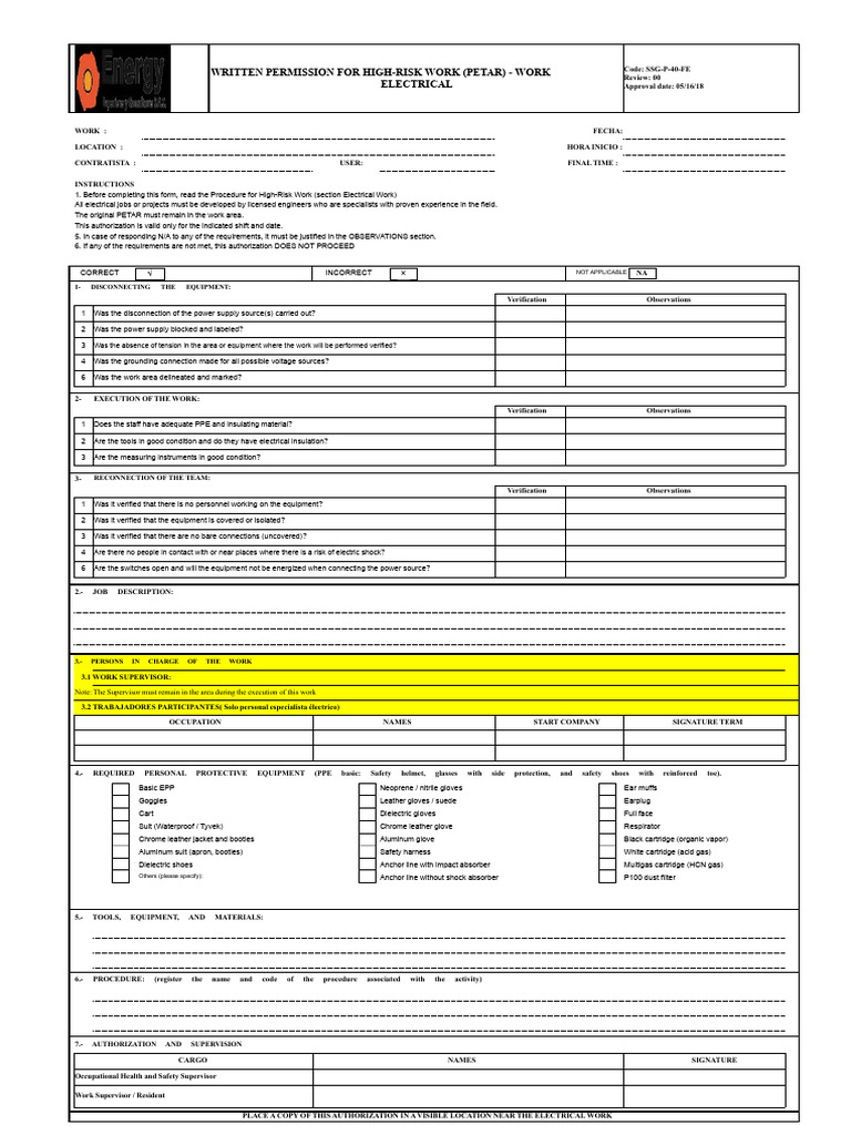 Written Permit For High-Risk Work (Petar) - Electrical Work | PDF ...