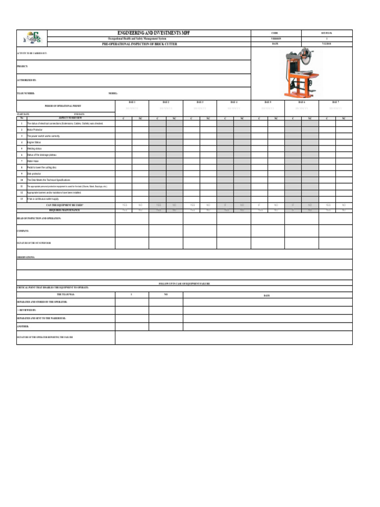 Brick Cutter Pre-Operational Inspection Guide | PDF | Occupational ...