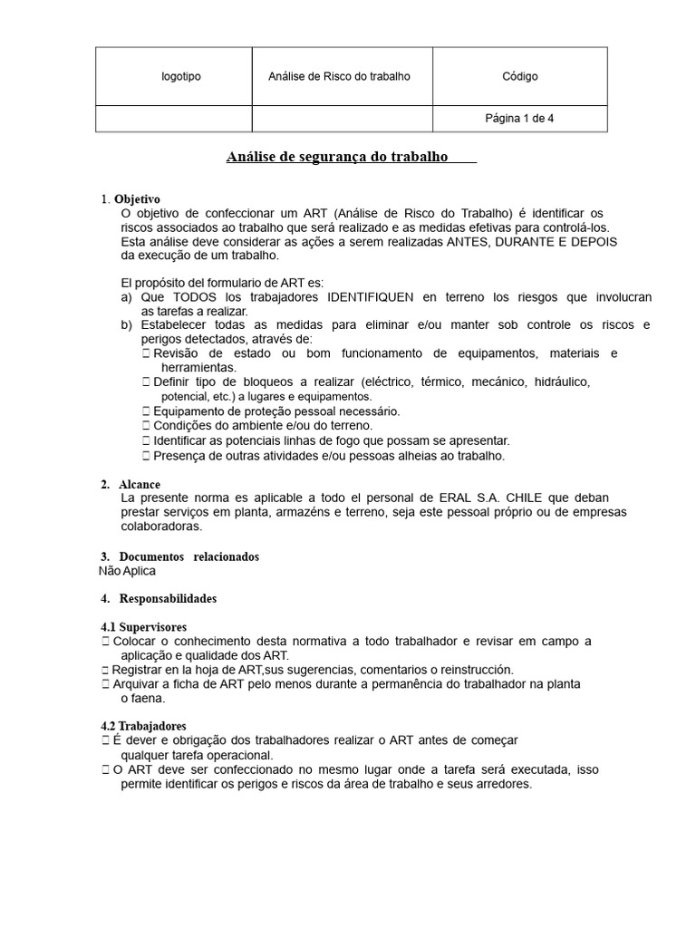 Análise de Risco no Trabalho: ART | PDF