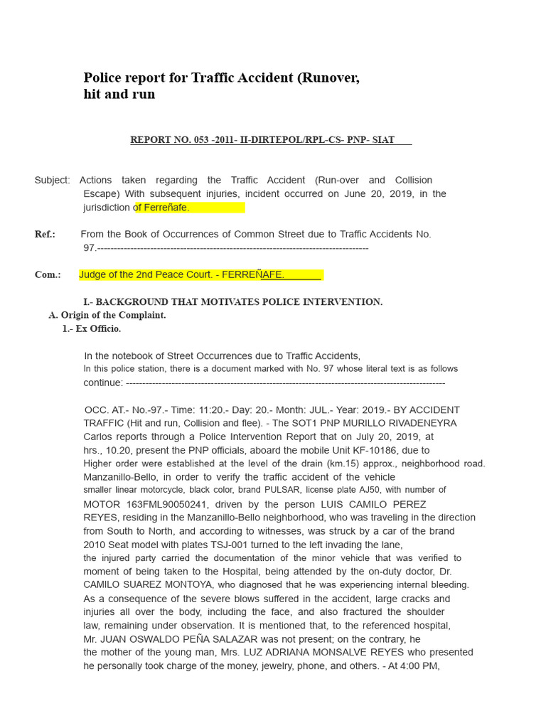 Traffic Accident Report: Hit and Run Case | PDF | Traffic Collision ...