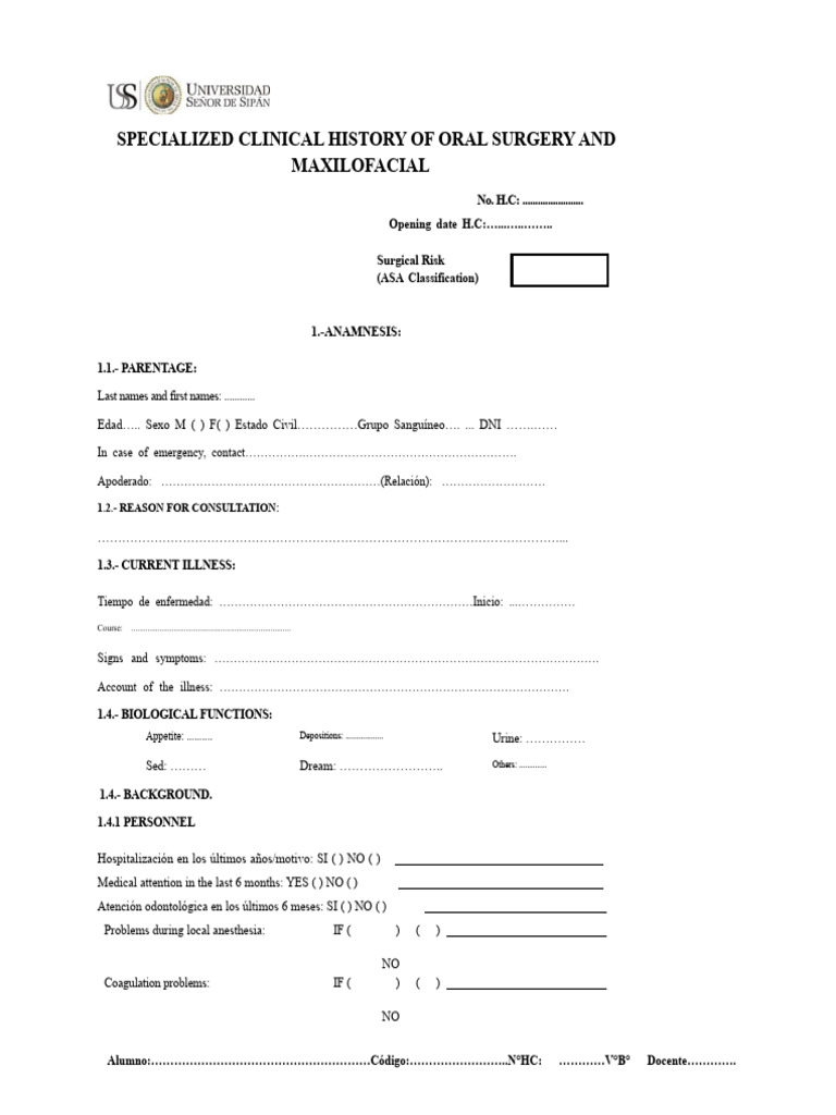 Oral Surgery Clinical History Template | PDF | Anesthesia | Surgery