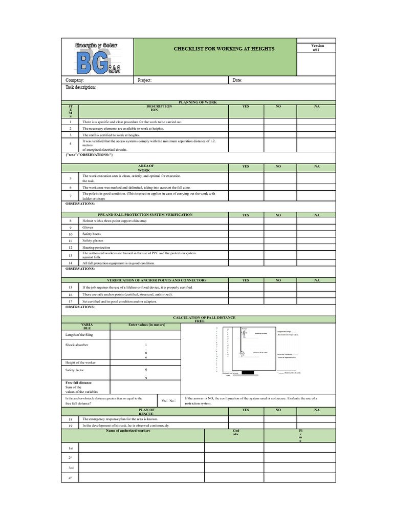 Working at Heights Safety Checklist | PDF | Personal Protective ...