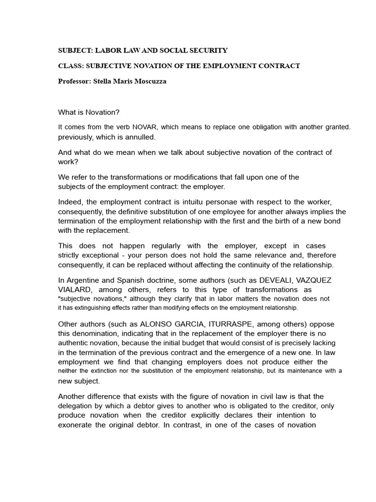 Subjective Novation in Labor Law | PDF | Assignment (Law) | Employment