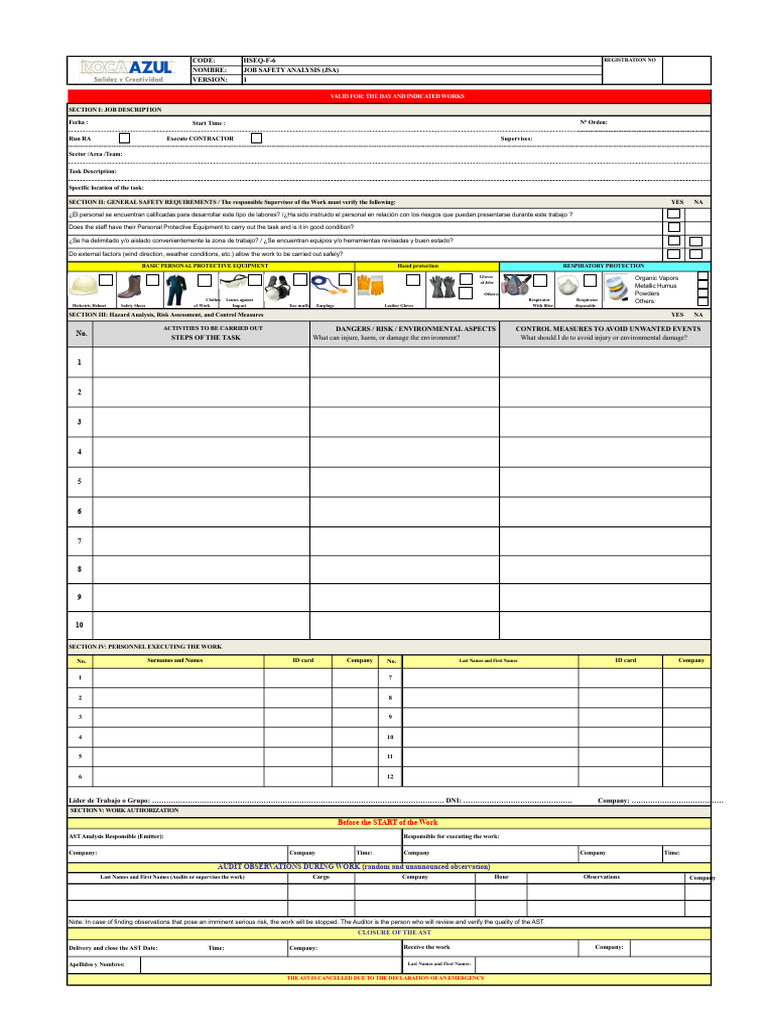Format - Safe Work Analysis - Ast | PDF | Personal Protective Equipment ...