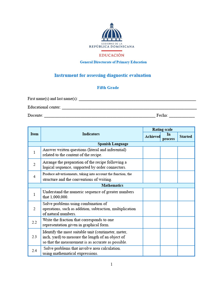 Fifth Grade Diagnostic Evaluation Tool | PDF | Science | Mathematics