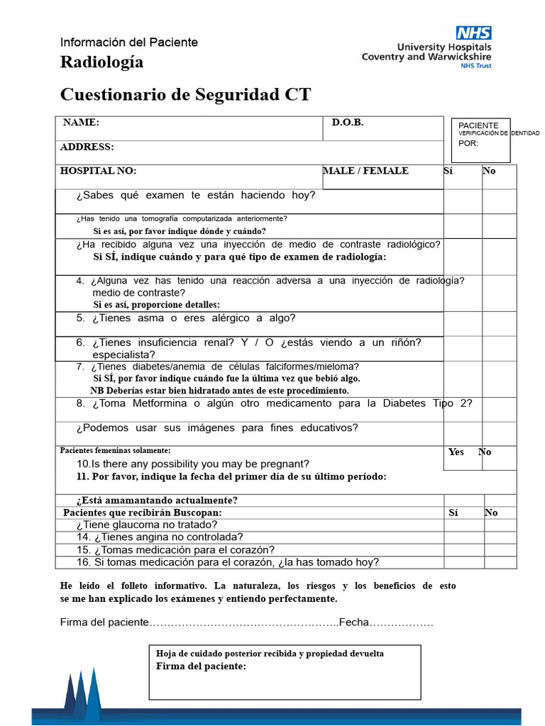 CT Formulario de Seguridad | PDF | Ct Scan | Especialidades Medicas