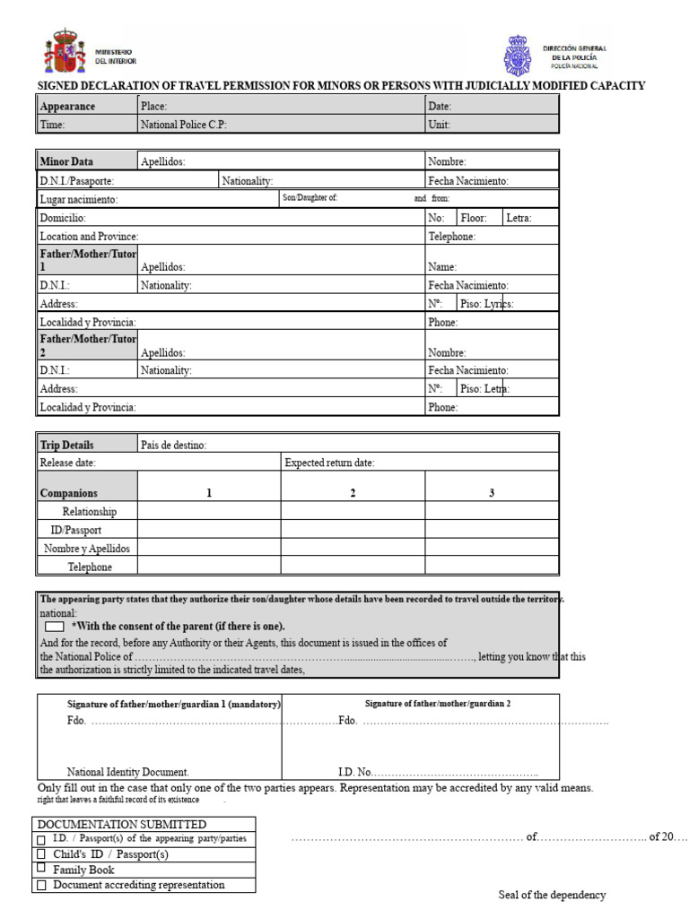 Signed Declaration For Travel Permission For Minors or Individuals With ...