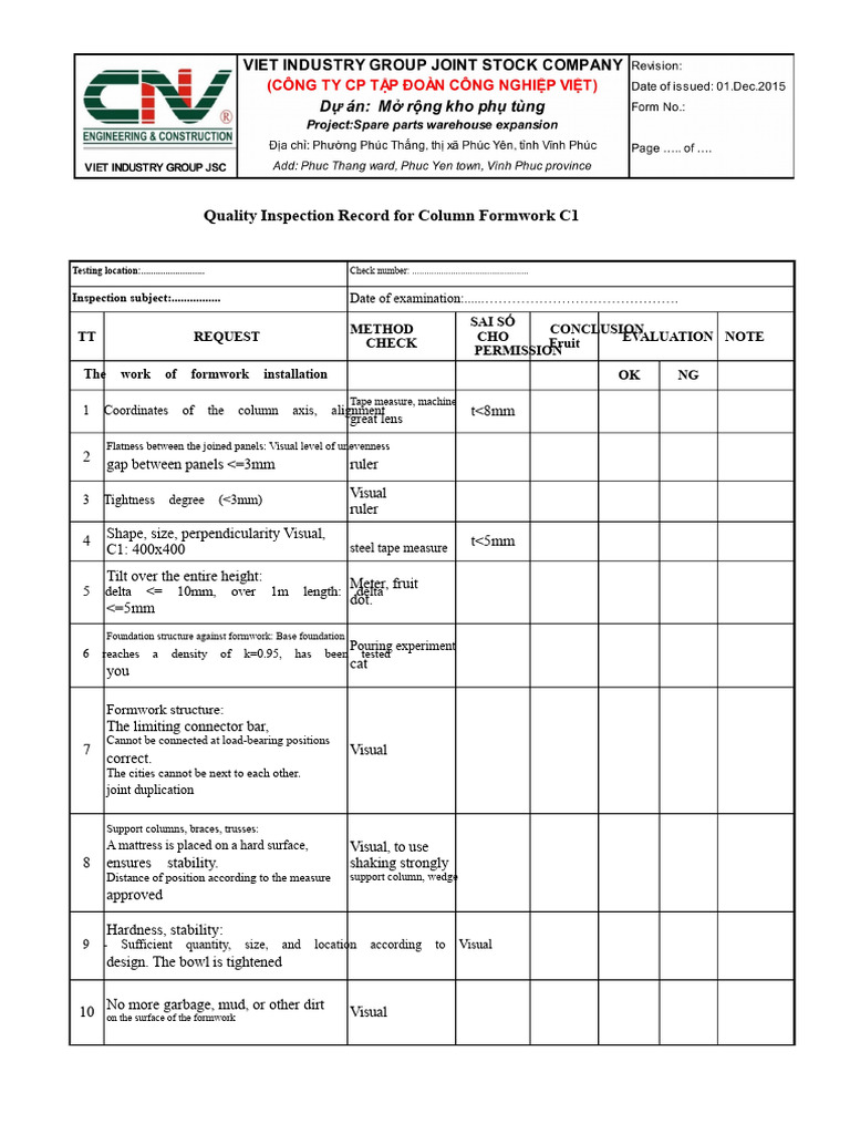 Check Sheet For Steel Column Inspection | PDF | Quality
