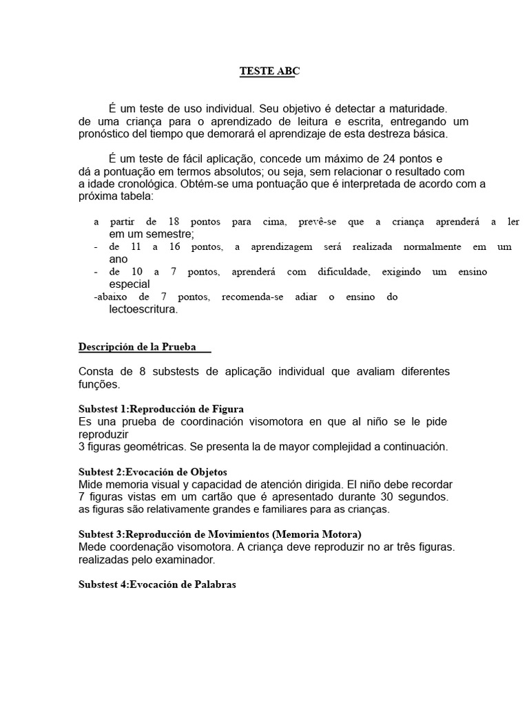 Teste ABC: Avaliação da Maturidade Infantil | PDF | Aprendizado