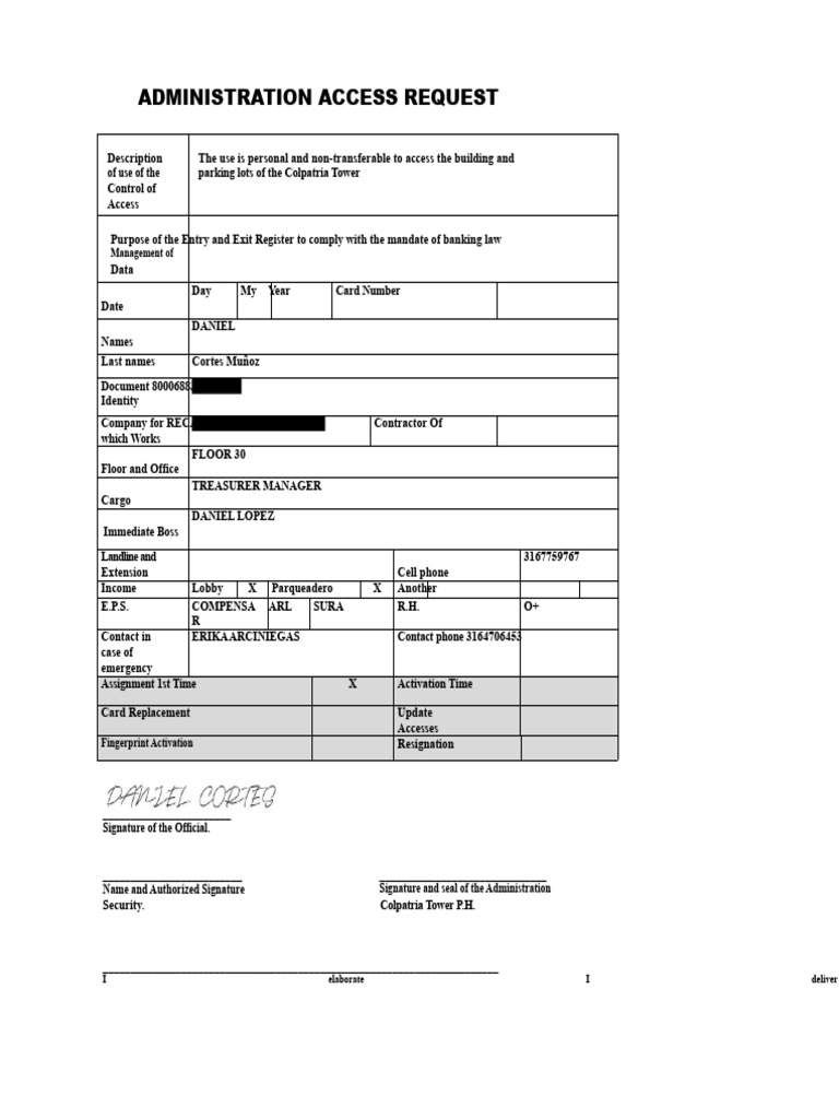 Colpatria Tower Access Request Form | PDF