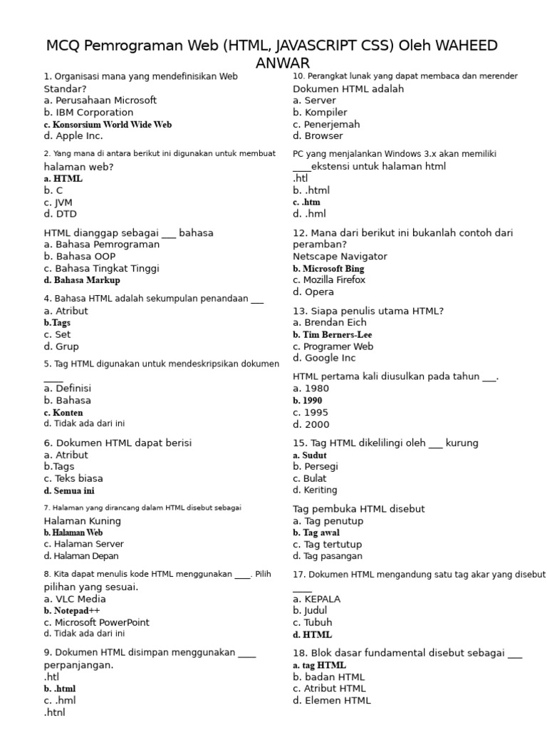 MCQ Pemrograman Web: HTML, CSS, JavaScript | PDF