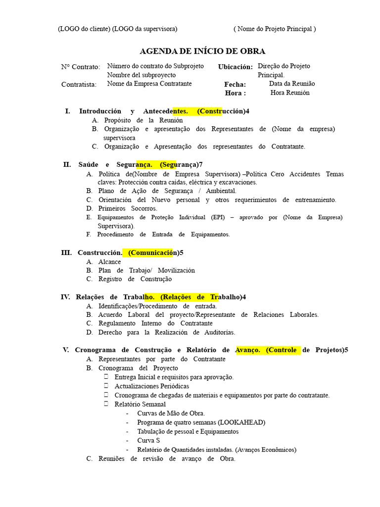 Agenda De In cio De Obra E Coordena o PDF