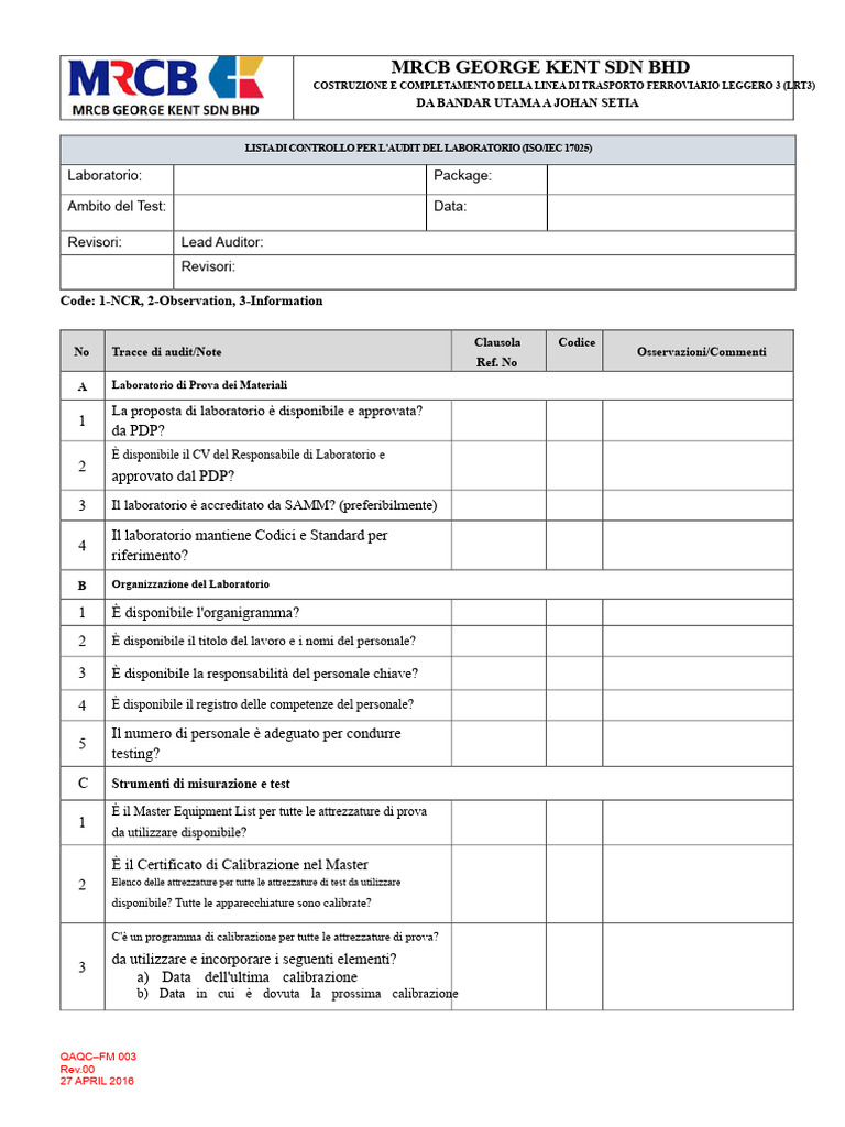 Checklist Per L'audit Del Laboratorio | PDF