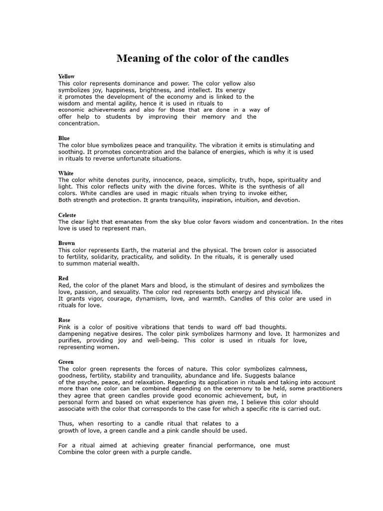 Candle Color Meanings and Ritual Uses | PDF | Color | Rituals