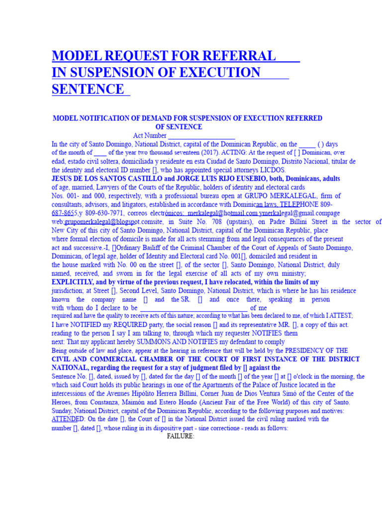 Model Referral Request for Execution Suspension | PDF | Judgment (Law ...