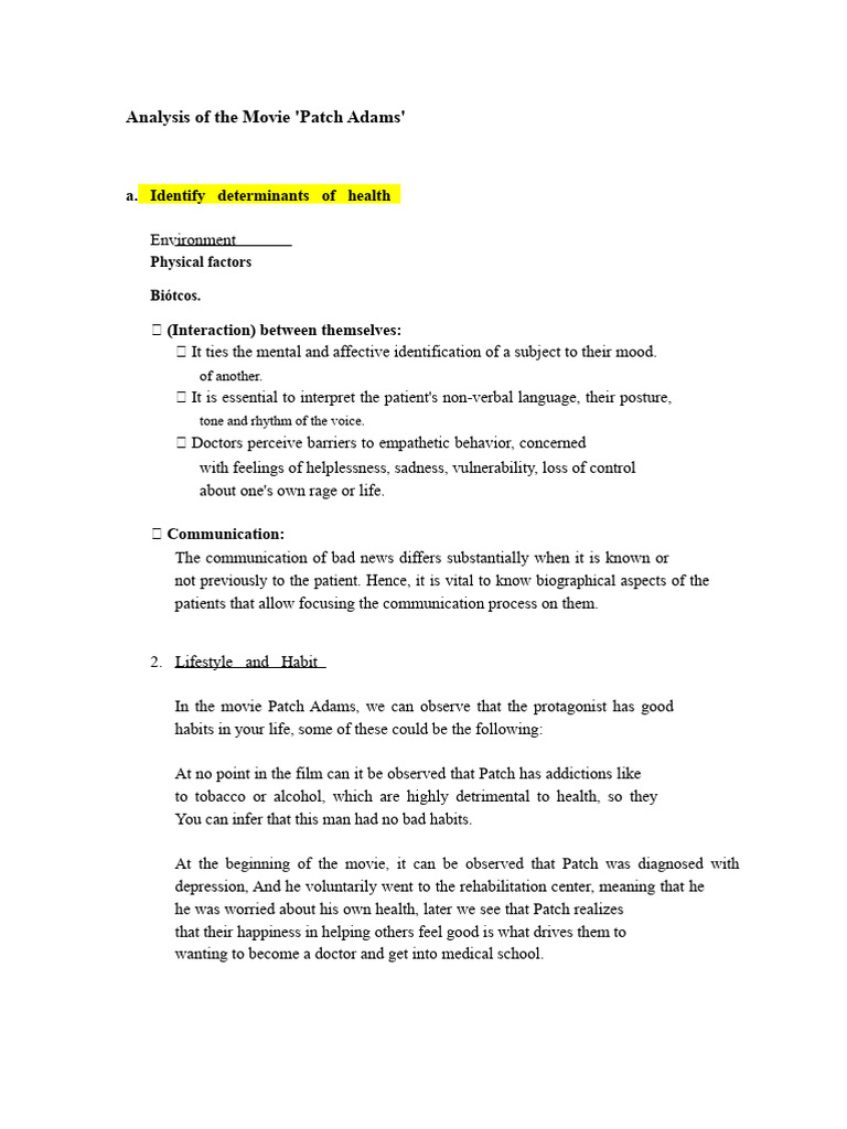 Health Determinants in 'Patch Adams' Analysis | PDF | Psychiatry ...