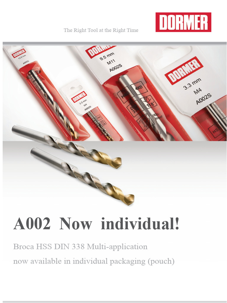 Dormer A002 Drill Bit Individual Packs | PDF | Steel | Drill