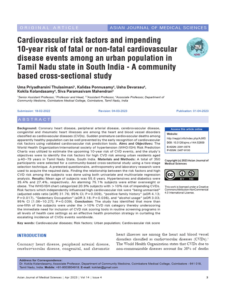 CVD Risk Factors in Tamil Nadu Urban Adults | PDF | Cardiovascular ...