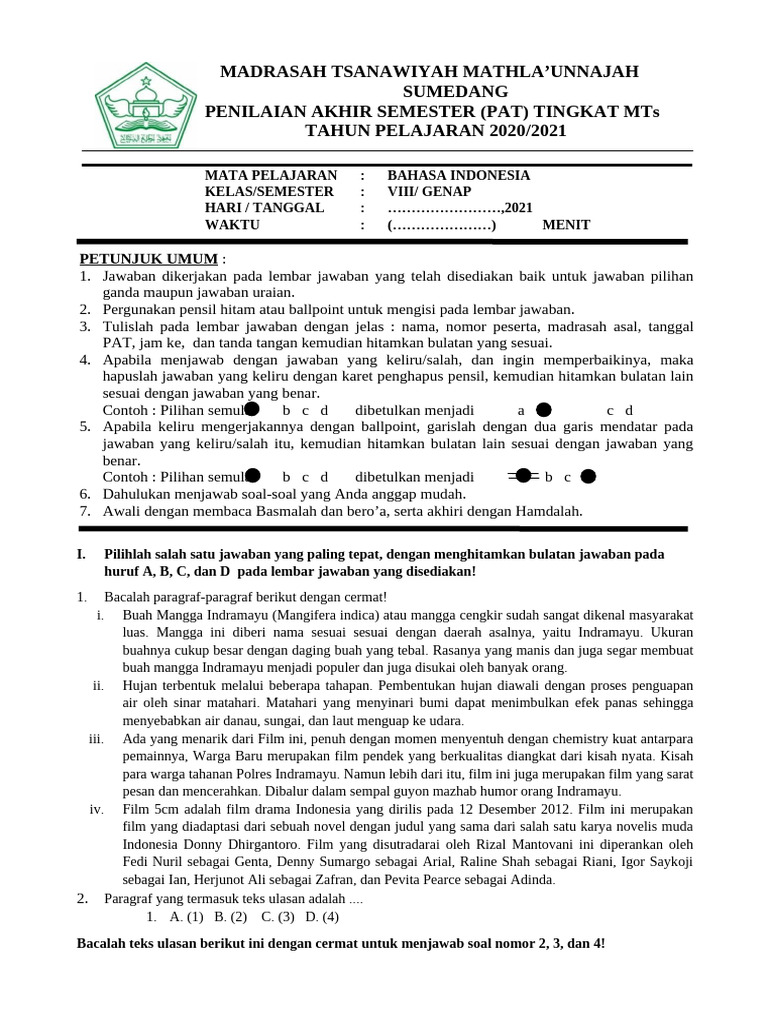 PAT Bahasa Indonesia Kelas VIII MTs 2021 | PDF