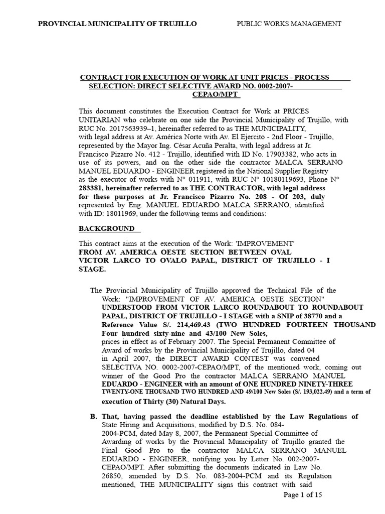 Example of Unit Price Contract | PDF | Arbitration | Subcontractor