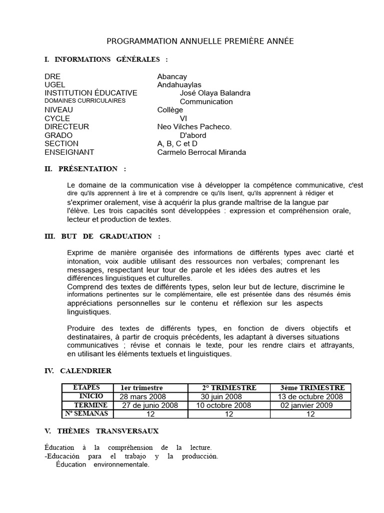 Programmation annuelle première année | PDF | Apprentissage | Sciences ...