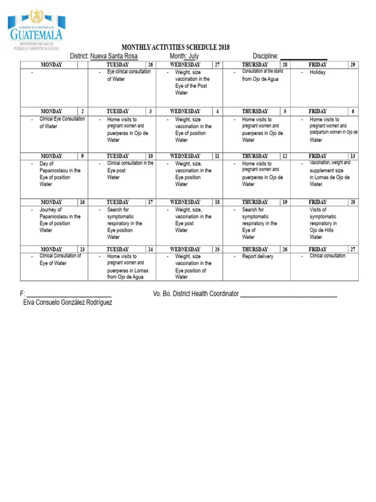 July 2018 Health Activities Schedule | PDF | Public Health
