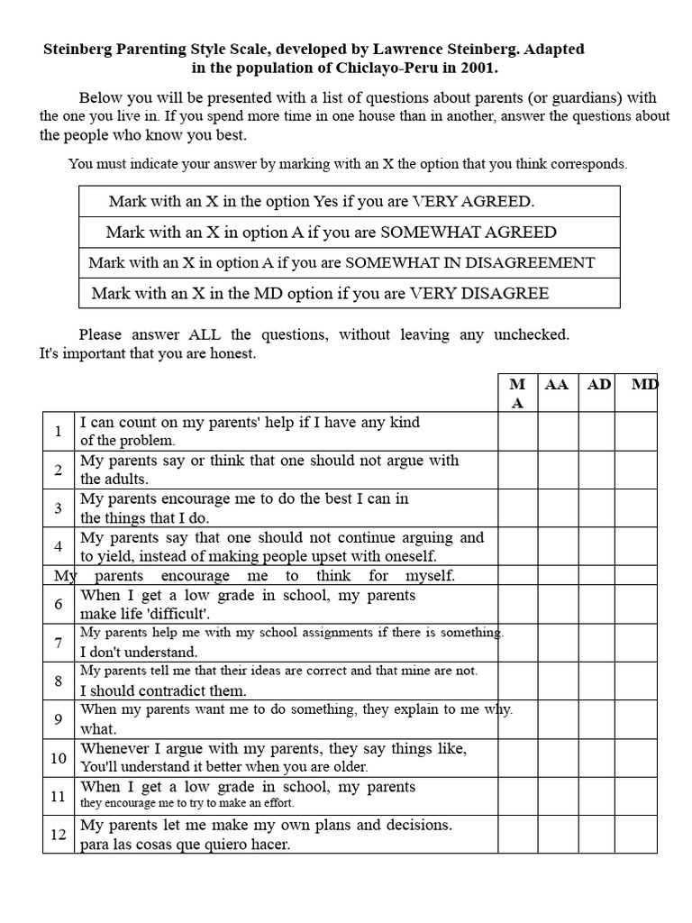 Steinberg Parenting Style Scale Survey | PDF | Psychological Concepts ...