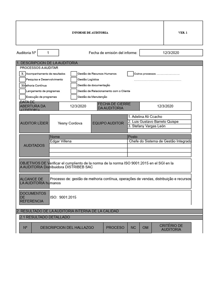 Resultados da Auditoria ISO 9001:2015 | PDF | Auditoria interna