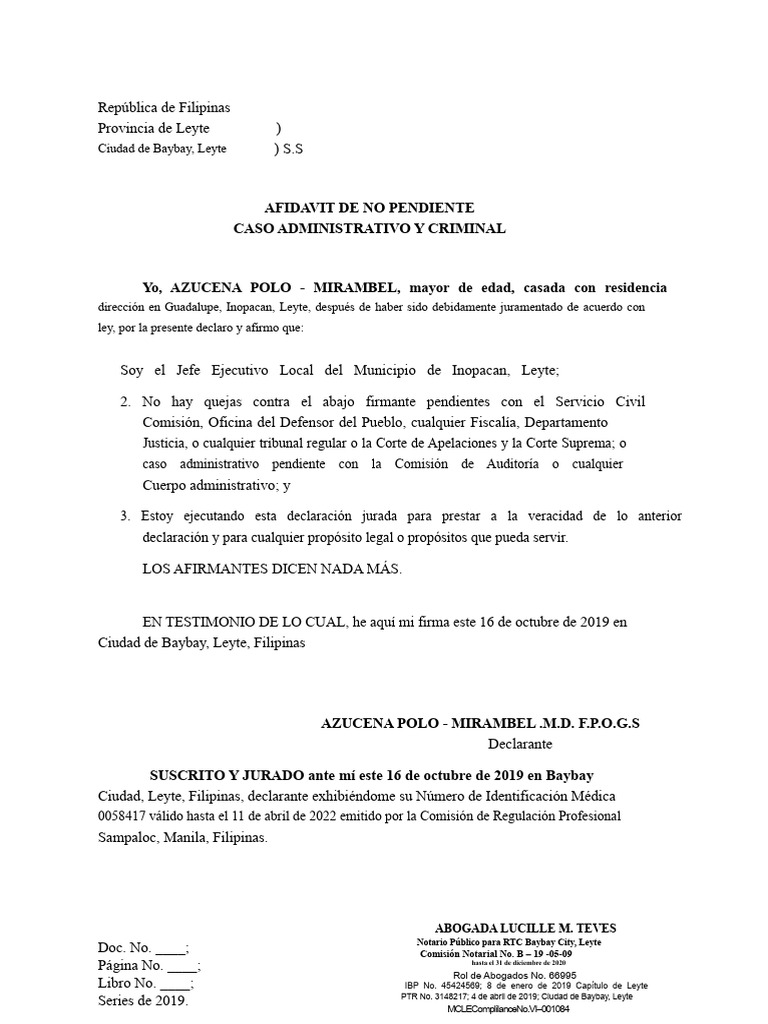 Declaración Jurada de No Pendiente en Leyte | PDF | Justicia | Crimen y ...